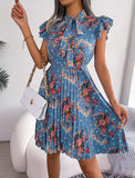Pleated Floral Printed Tie Neck Knee Length Dress - Trendsi