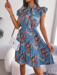 Pleated Floral Printed Tie Neck Knee Length Dress - Trendsi