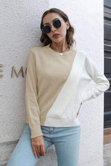 Contrast Color Round Neck Long Sleeve Sweater - Trendsi - Flyclothing LLC