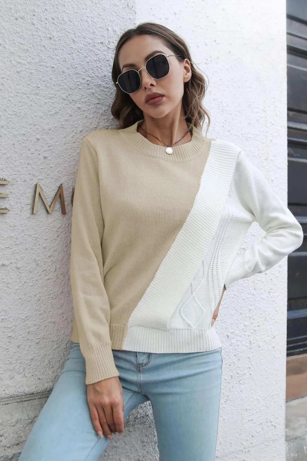 Contrast Color Round Neck Long Sleeve Sweater - Trendsi - Flyclothing LLC