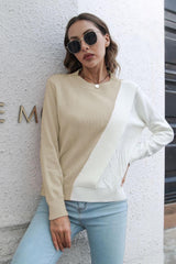 Contrast Color Round Neck Long Sleeve Sweater - Trendsi