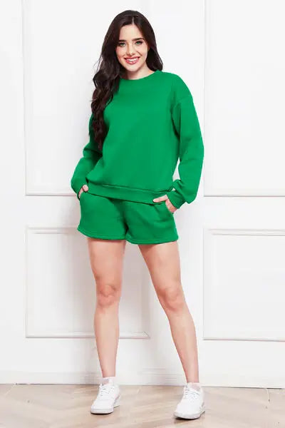Round Neck Long Sleeve Sweatshirt and Drawstring Shorts Set - Trendsi - Flyclothing LLC