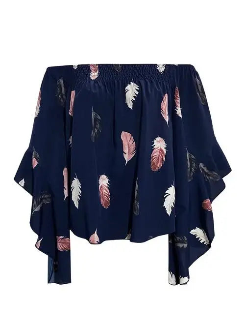 Feather Print Smocked Off-Shoulder Blouse - Trendsi - Flyclothing LLC