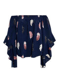 Feather Print Smocked Off-Shoulder Blouse - Trendsi - Flyclothing LLC