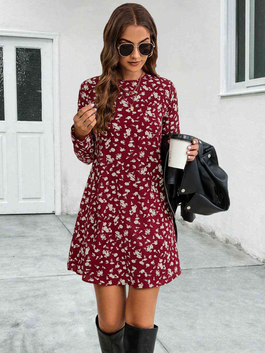 Round Neck Long Sleeve Mini Dress - Trendsi - Flyclothing LLC