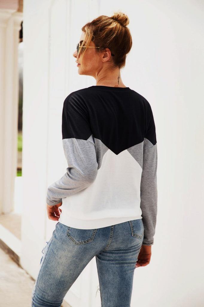 Color Block Round Neck Long Sleeve Top - Trendsi