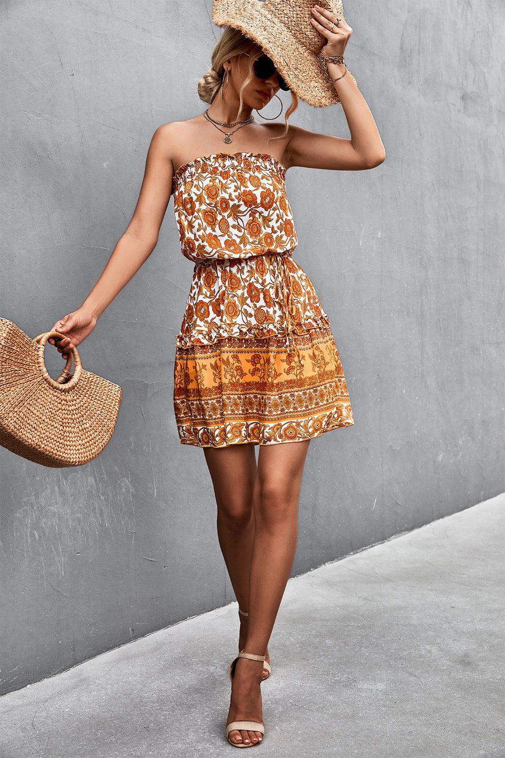 Bohemian Frill Trim Strapless Dress - Trendsi - Flyclothing LLC