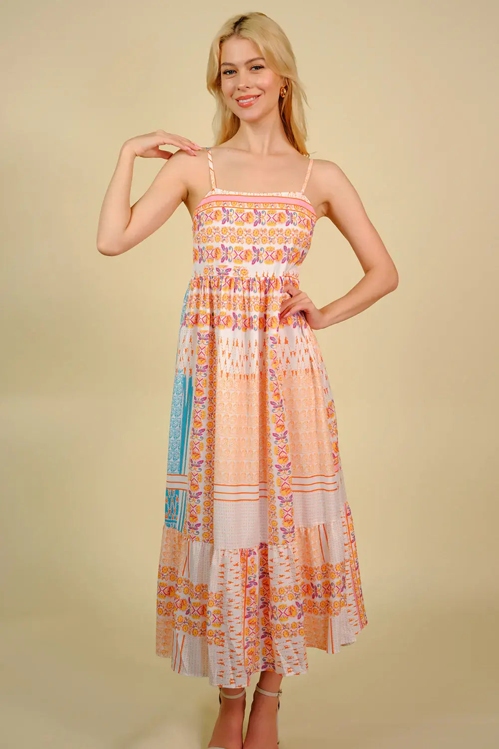 Printed Spaghetti Strap Smocked Midi Dress - Trendsi - Flyclothing LLC