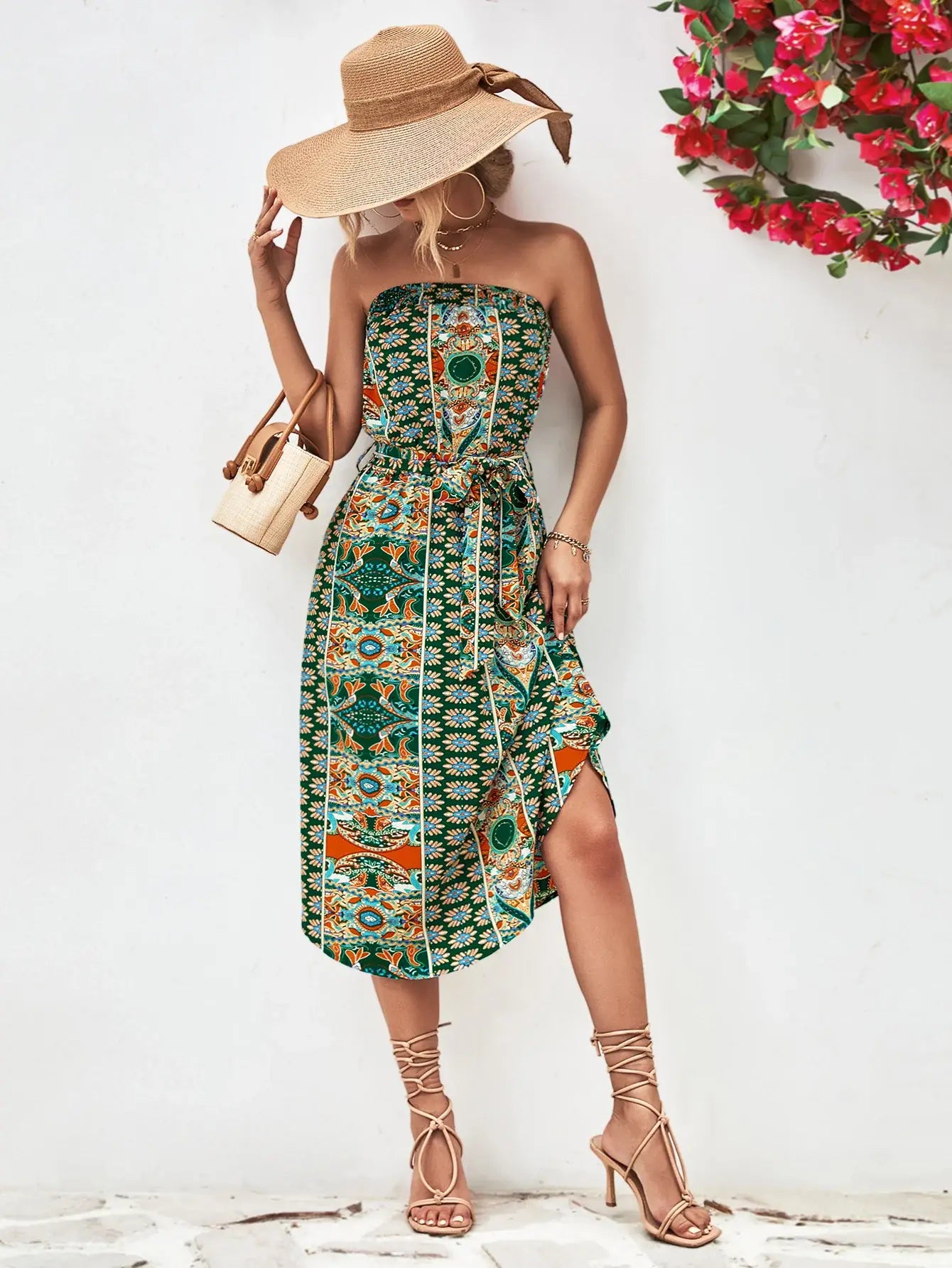 Printed Strapless Tie Belt Dress - Trendsi - Flyclothing LLC