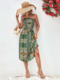 Printed Strapless Tie Belt Dress - Trendsi - Flyclothing LLC