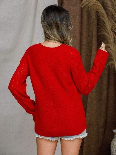 Openwork Round Neck Raglan Sleeve Sweater - Trendsi - Flyclothing LLC