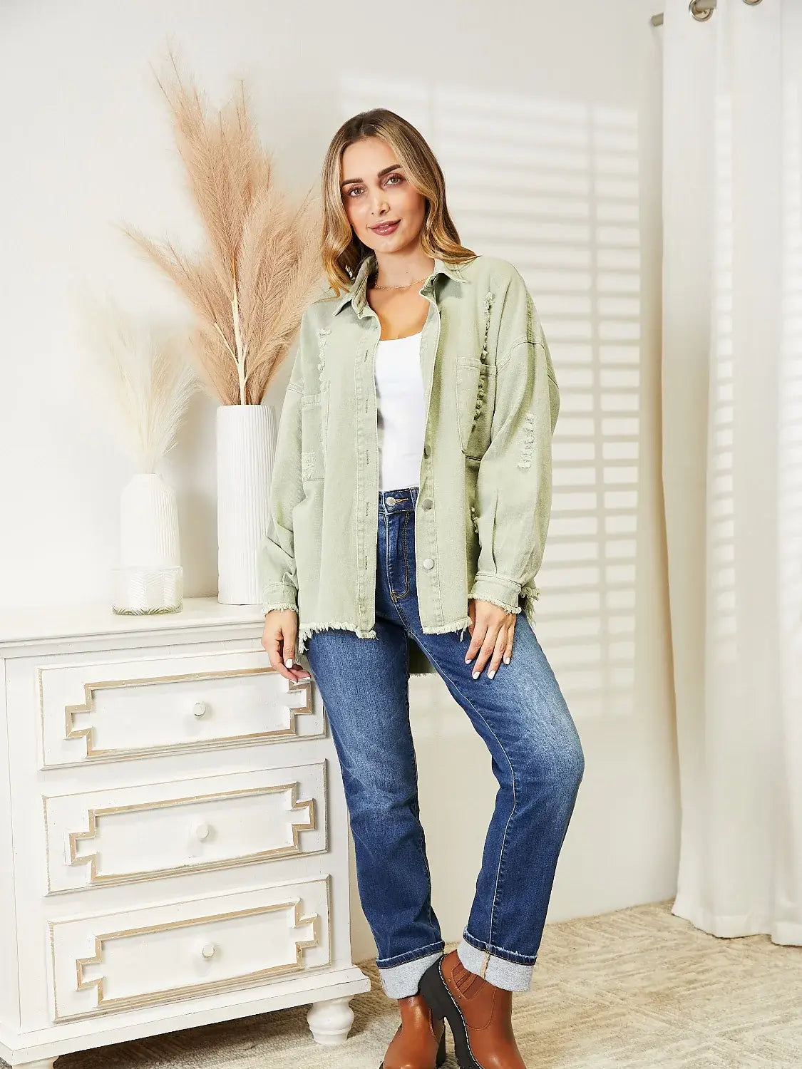 Distressed Raw Hem Denim Jacket - Trendsi - Flyclothing LLC
