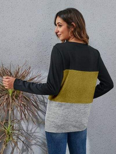 Color Block Round Neck Long Sleeve T-Shirt - Trendsi - Flyclothing LLC