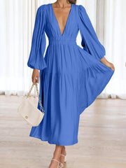 Deep V-Neck Balloon Sleeve Plain Maxi Dress - Trendsi