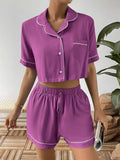 Contrast Lapel Collar Cropped Shirt and Shorts Lounge Set - Trendsi - Flyclothing LLC
