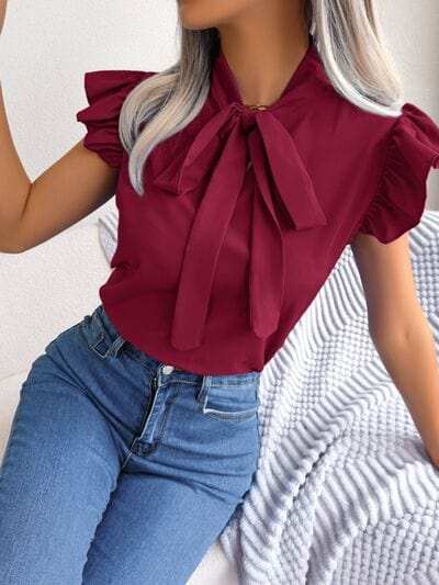 Tie Neck Cap Sleeve Blouse - Trendsi - Flyclothing LLC