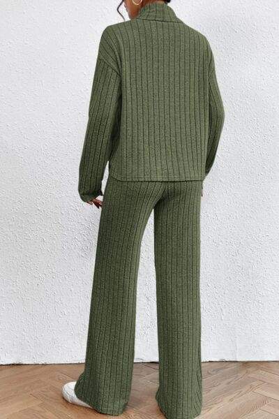 Mock Neck Dropped Shoulder Top and Pants Set - Trendsi - Flyclothing LLC