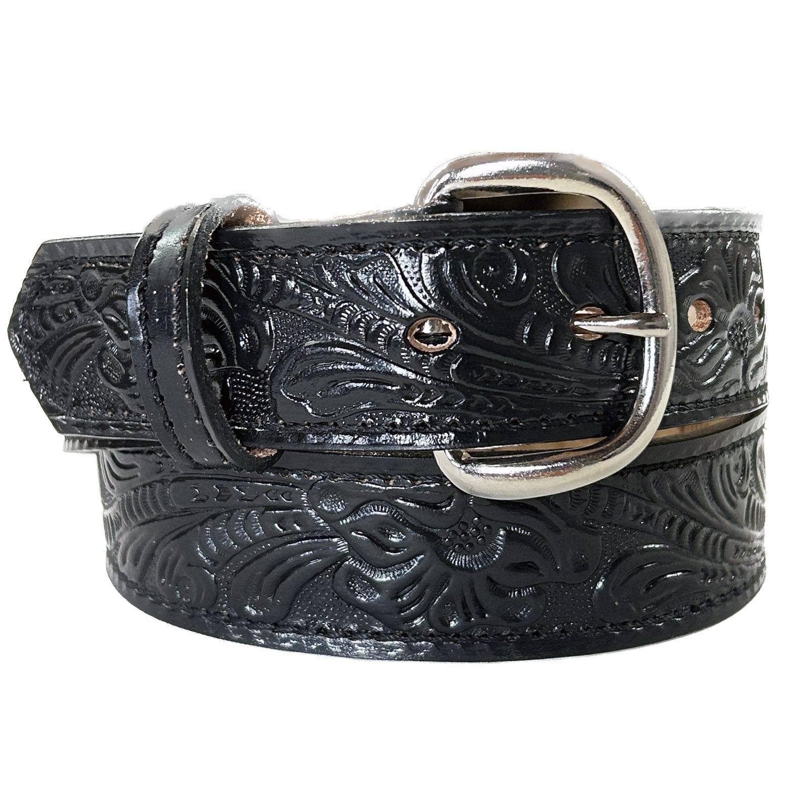 Rockmount Clothing Leaf Tooling Trip Stitch Genuine Black Leather Western Belt - Rockmount Clothing