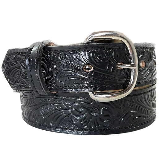 Rockmount Clothing Leaf Tooling Trip Stitch Genuine Black Leather Western Belt - Rockmount Clothing