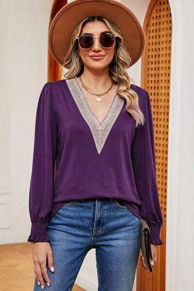 Lace Detail V-Neck Lantern Sleeve T-Shirt - Trendsi - Flyclothing LLC