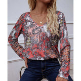 Printed V-Neck Long Sleeve Blouse - Trendsi - Flyclothing LLC