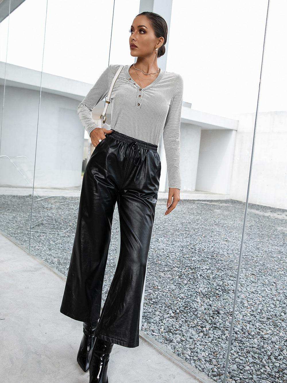 Striped Buttoned V-Neck Long Sleeve Top - Trendsi - Flyclothing LLC