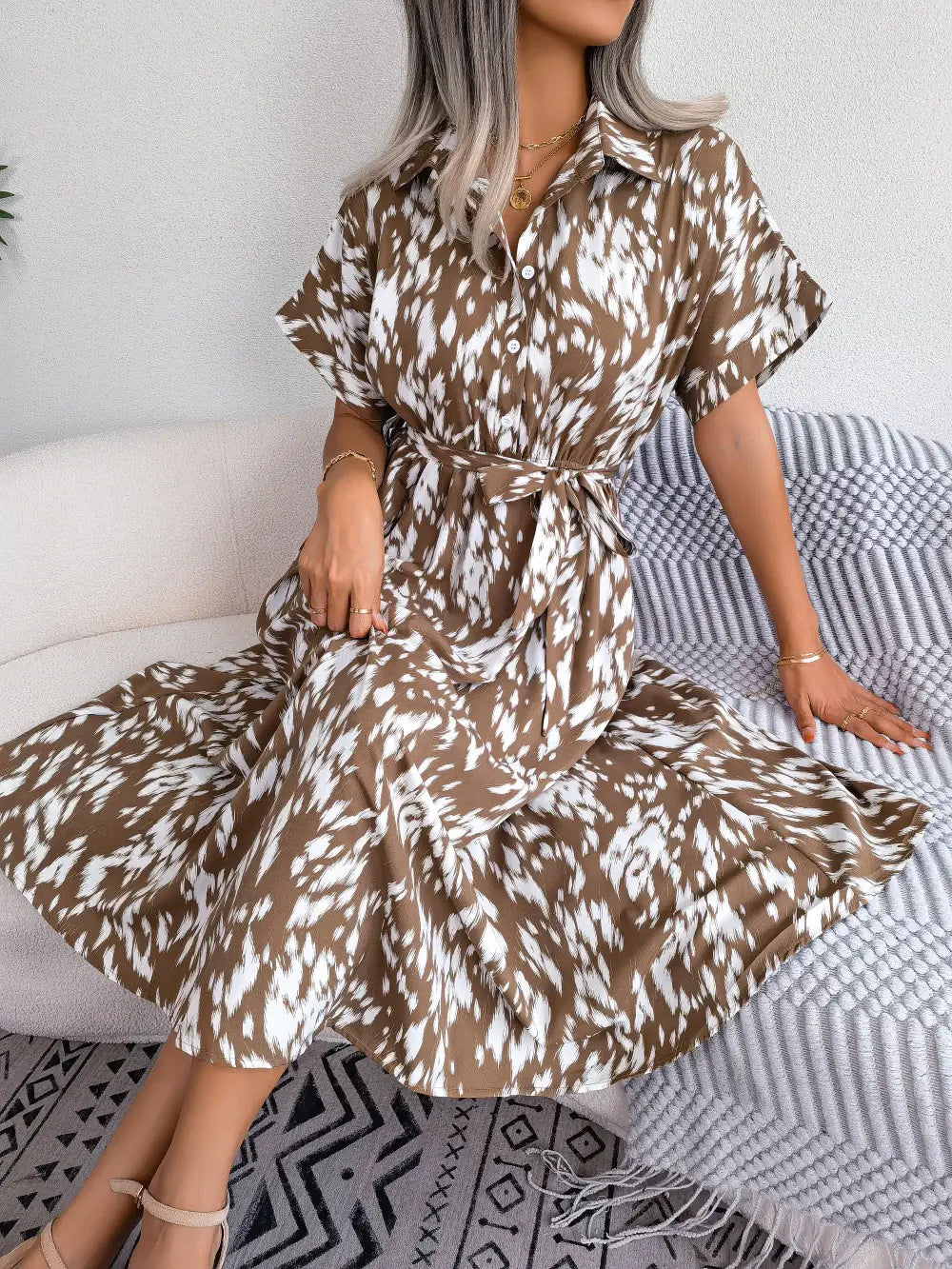 Printed Collared Neck Short Sleeve Tie Waist Dress - Trendsi - Flyclothing LLC