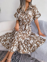 Printed Collared Neck Short Sleeve Tie Waist Dress - Trendsi - Flyclothing LLC