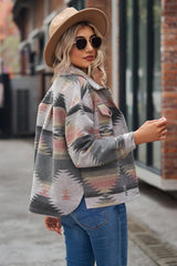 Printed Collared Neck Jacket - Trendsi
