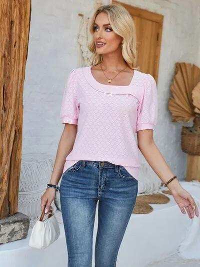 Eyelet Asymmetrical Neck Short Sleeve T-Shirt - Trendsi - Flyclothing LLC