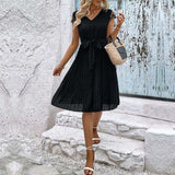 V-Neck Tie Belt Pleated Dress - Trendsi - Flyclothing LLC