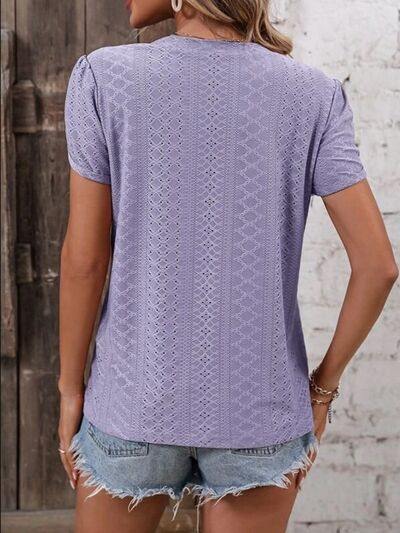 Eyelet V-Neck Petal Sleeve T-Shirt - Trendsi