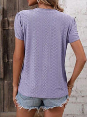 Eyelet V-Neck Petal Sleeve T-Shirt - Trendsi