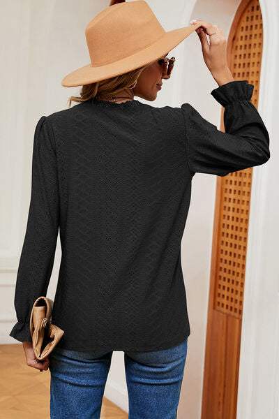 Eyelet V-Neck Flounce Sleeve T-Shirt - Trendsi - Flyclothing LLC
