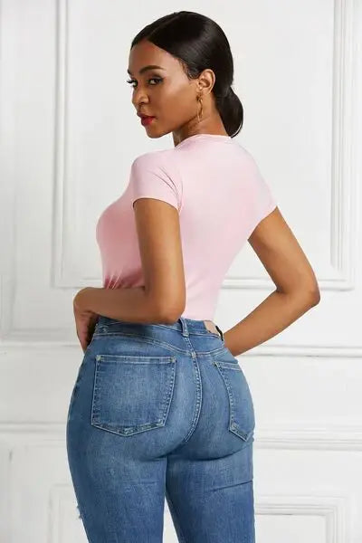 Round Neck Short Sleeve Bodysuit - Trendsi - Flyclothing LLC