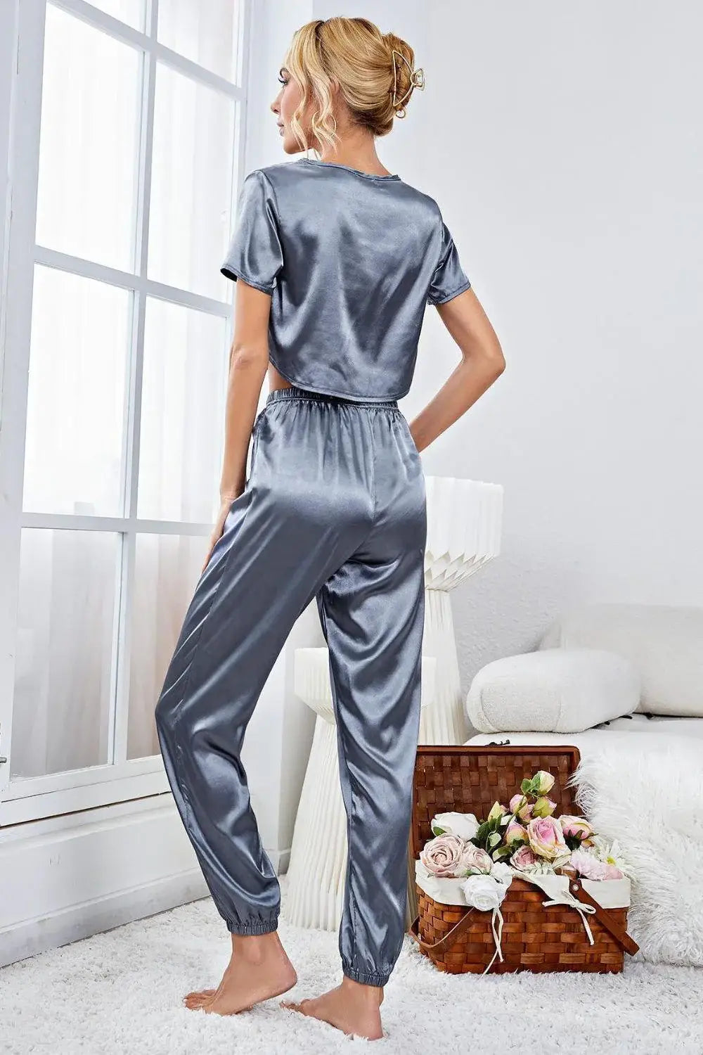 Satin Short Sleeve Crop Top and Joggers Lounge Set - Trendsi - Flyclothing LLC