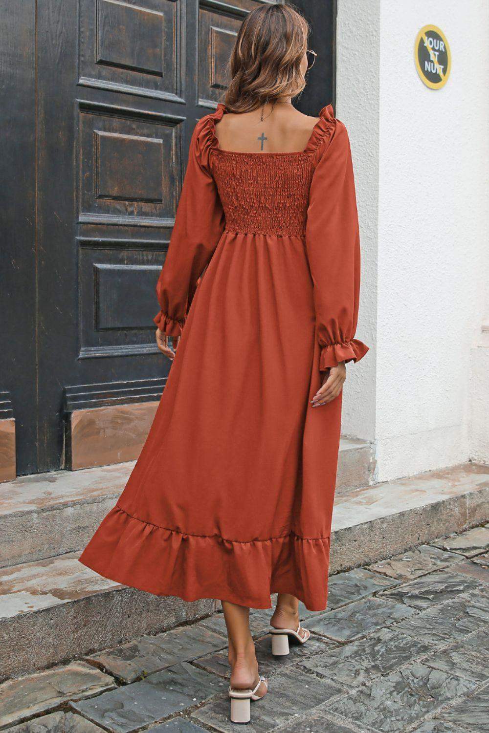 Smocked Ruffle Hem Flounce Sleeve Dress - Trendsi - Flyclothing LLC