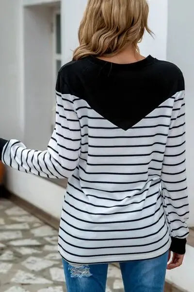 Striped Round Neck Long Sleeve T-Shirt - Trendsi - Flyclothing LLC