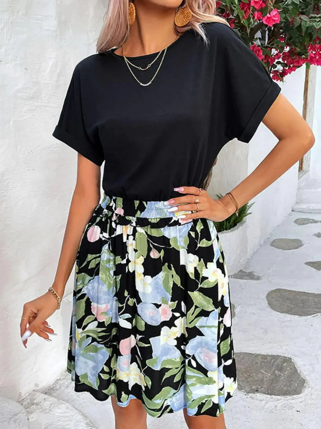 Two-Tone Round Neck Cuffed Sleeve Dress - Trendsi - Flyclothing LLC