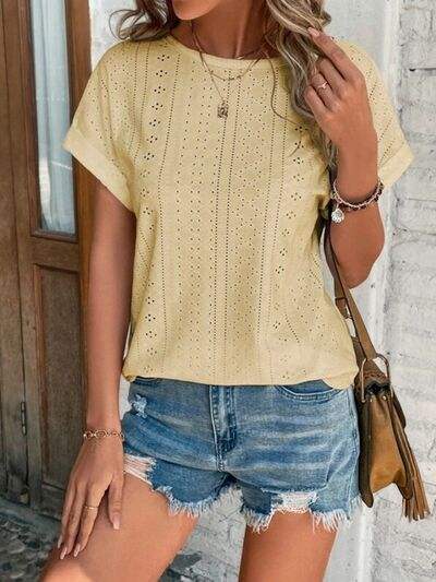 Eyelet Round Neck Short Sleeve T-Shirt - Trendsi - Flyclothing LLC