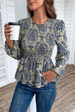 Smocked Printed Balloon Sleeve Blouse - Trendsi
