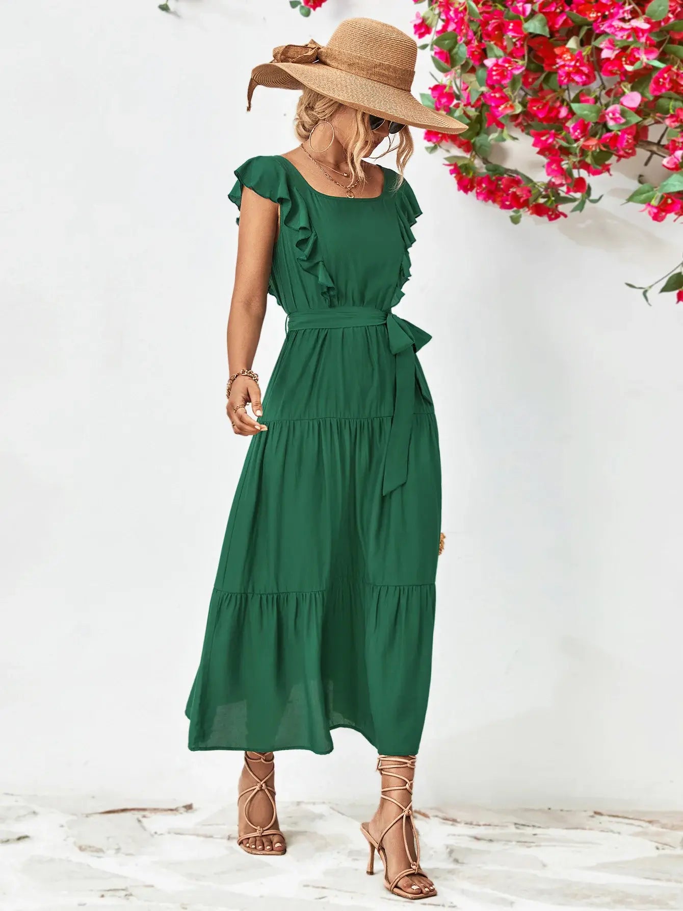 Tie Belt Ruffled Tiered Dress - Trendsi - Flyclothing LLC