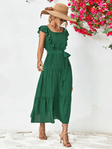 Tie Belt Ruffled Tiered Dress - Trendsi - Flyclothing LLC