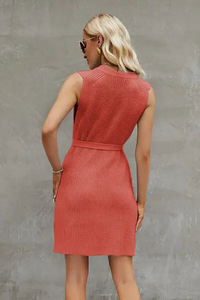 Tied Round Neck Sleeveless Sweater Dress - Trendsi - Flyclothing LLC
