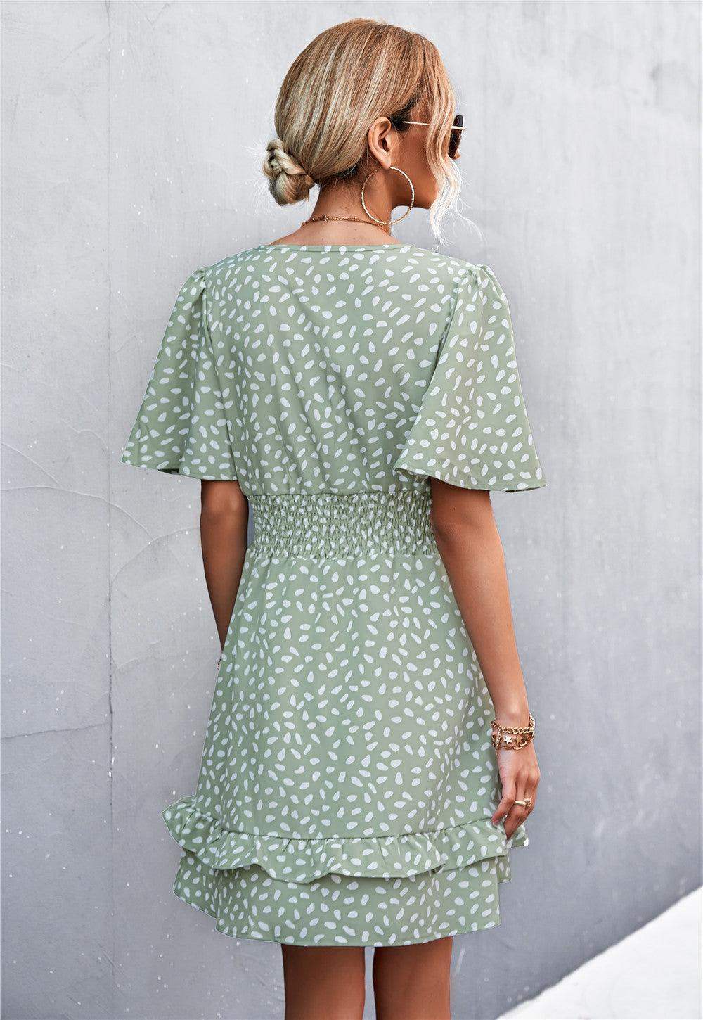 Printed Smocked Waist Layered Surplice Dress - Trendsi - Flyclothing LLC
