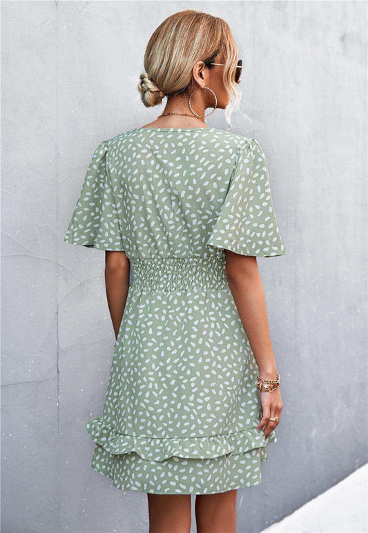 Printed Smocked Waist Layered Surplice Dress - Trendsi - Flyclothing LLC