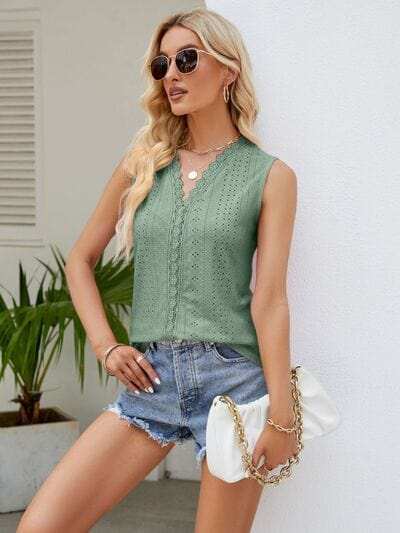 Eyelet Lace Detail V-Neck Tank - Trendsi - Flyclothing LLC