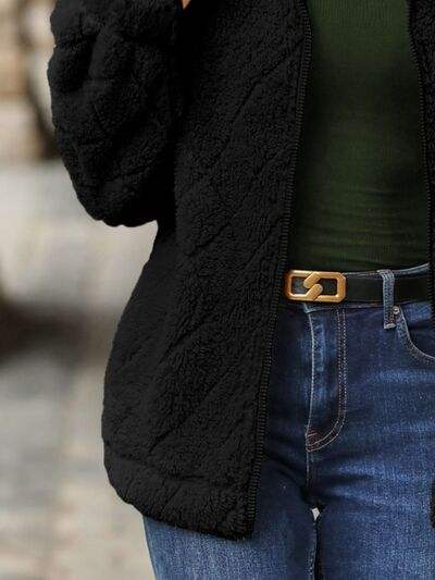 Fuzzy Pocketed Zip Up Jacket - Trendsi - Flyclothing LLC