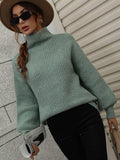 High Neck Balloon Sleeve Rib-Knit Pullover Sweater - Trendsi - Flyclothing LLC