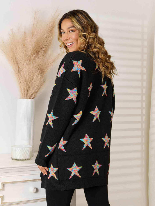Star Pattern Open Front Cardigan with Pockets - Trendsi - Flyclothing LLC